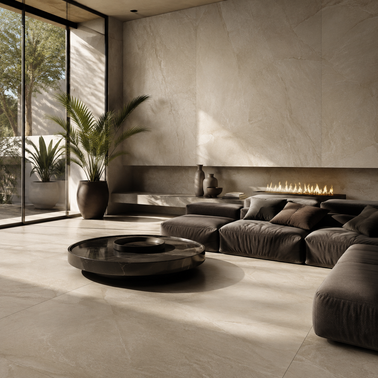 Ambiente sofisticado com porcelanato de grande formato